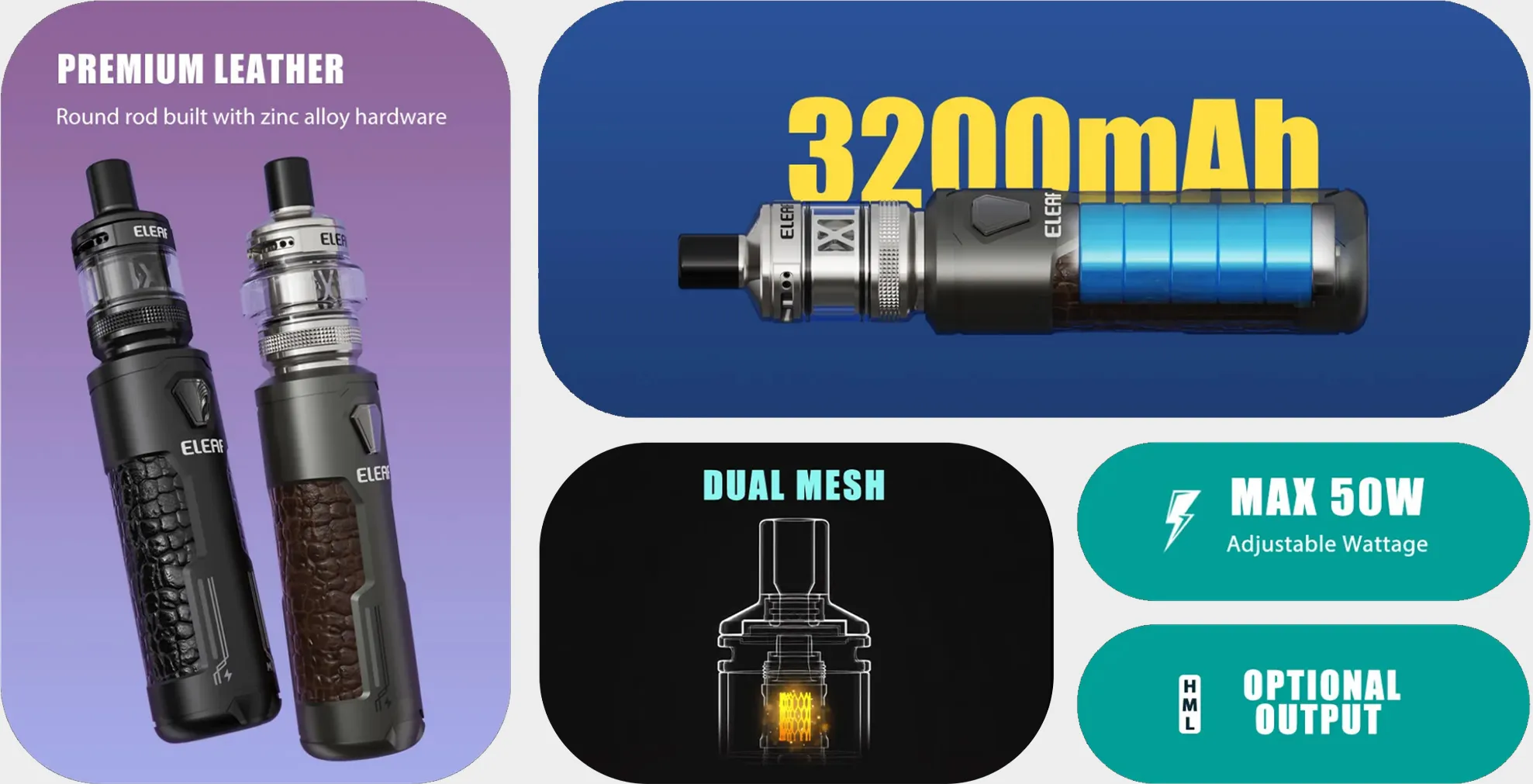 key features and detials of eleaf iJust X vape including 50w wattage, premiun leather 3200mAh battery, dual mesh and optional output