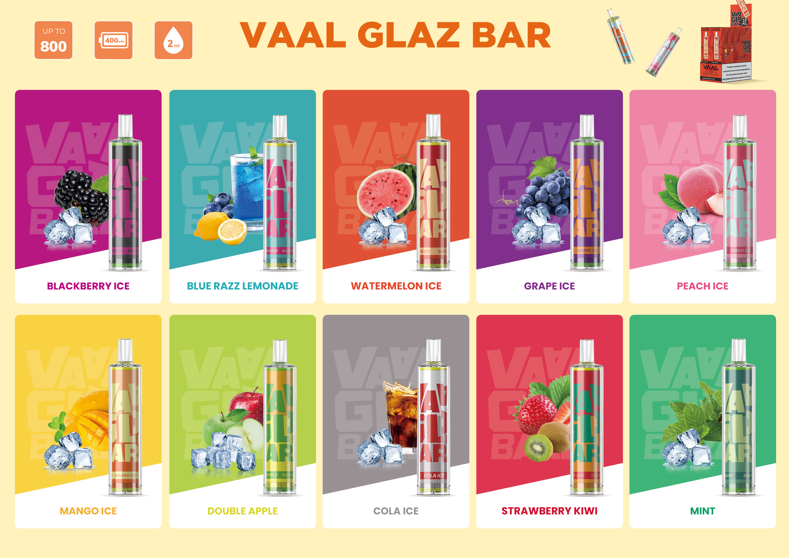 10 different kinds of flavors of vaal glaz bar disposable vape