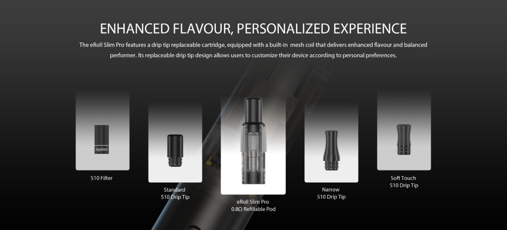 five Different replaceable drip tips that eRoll Slim Pro can fit