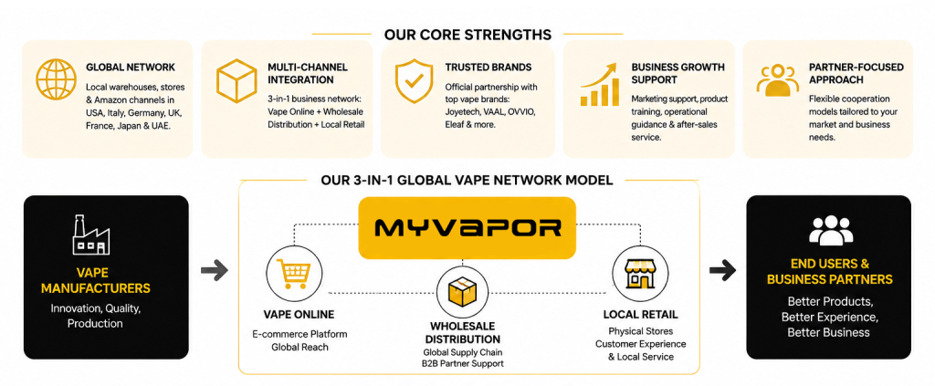 MYVAPOR 3-in-1 global vape network infographic connecting vape manufacturers, online retail, wholesale distribution, local stores, business partners, and end users worldwide.