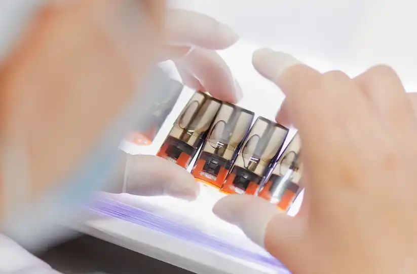 A worker at RELX’s manufacturing facility examines the filled e-liquid pods.